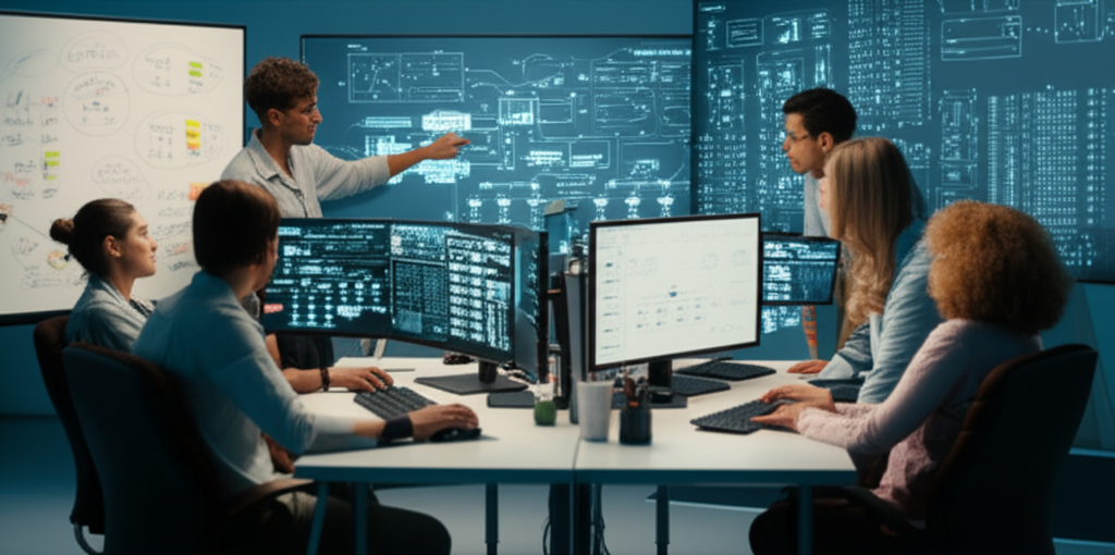 Equipe especializada KubeNetworks trabalhando em soluções cloud